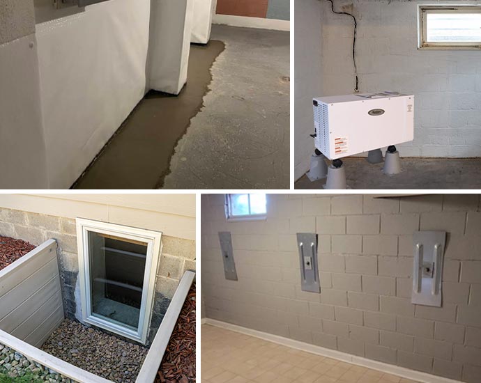 Collage of drainage system, dehumidification, basement-window well and basement wall installation services